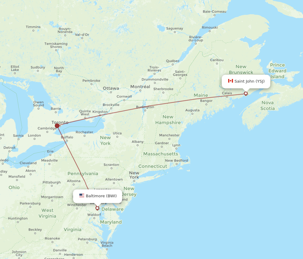 Flights from Baltimore to Saint John BWI to YSJ Flight Routes