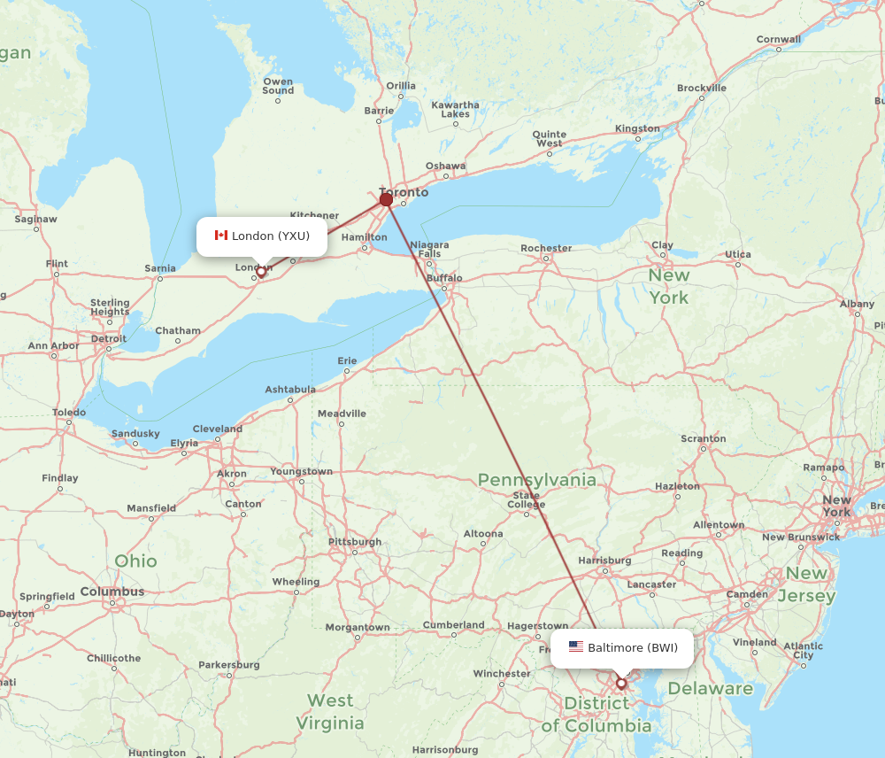 Flights from Baltimore to London BWI to YXU Flight Routes