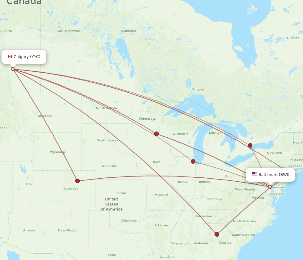 All flight routes from Baltimore to Calgary, BWI to YYC - Flight Routes