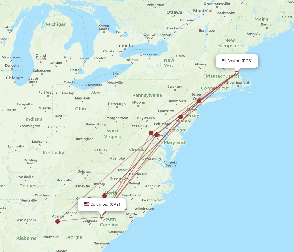 Flights from Columbia to Boston CAE to BOS Flight Routes