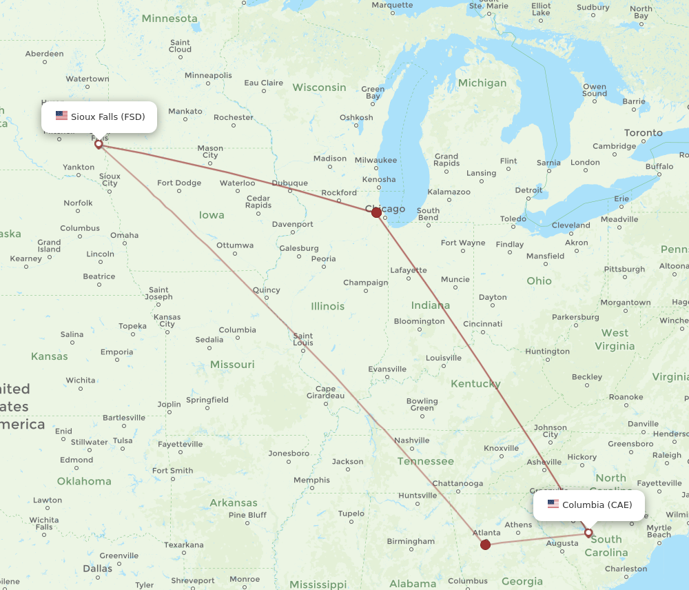 Flights from Columbia to Sioux Falls CAE to FSD Flight Routes