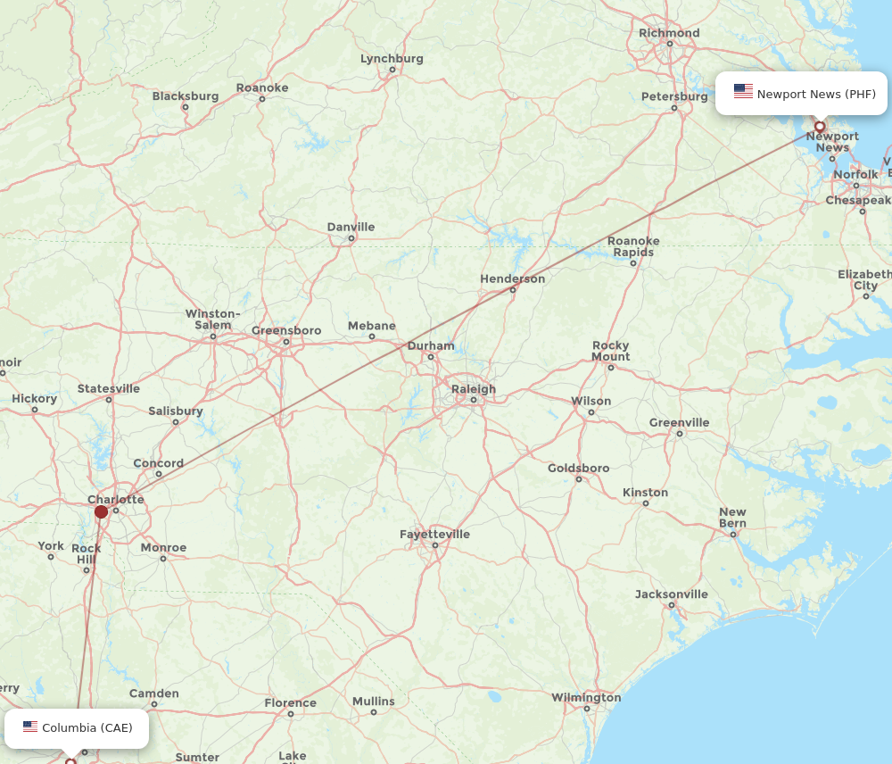 Flights from Columbia to Newport News CAE to PHF Flight Routes