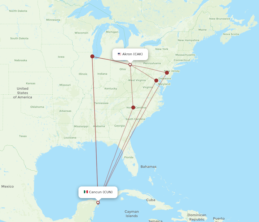 All flight routes from Akron to Cancun, CAK to CUN - Flight Routes