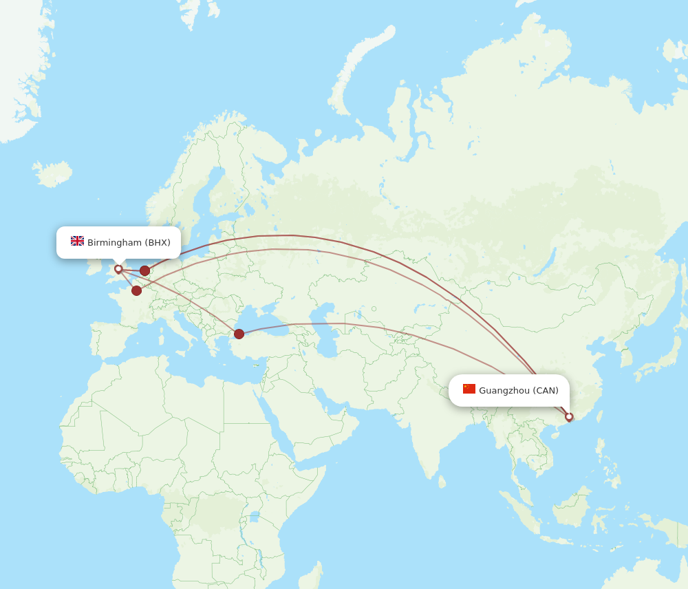 CAN to BHX flights and routes map