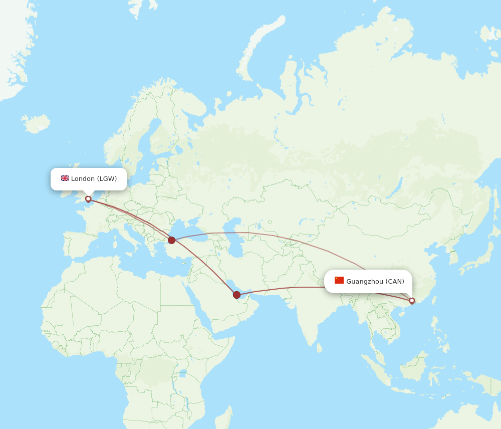 CAN to LGW flights and routes map