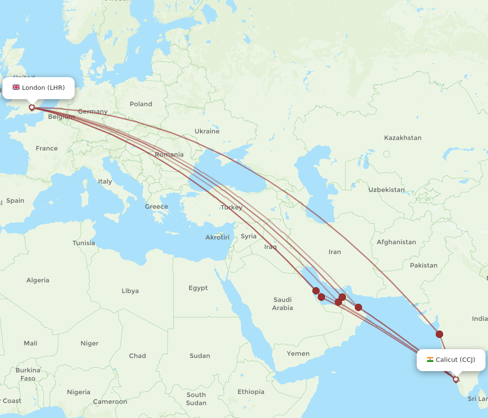 CCJ to LHR flights and routes map