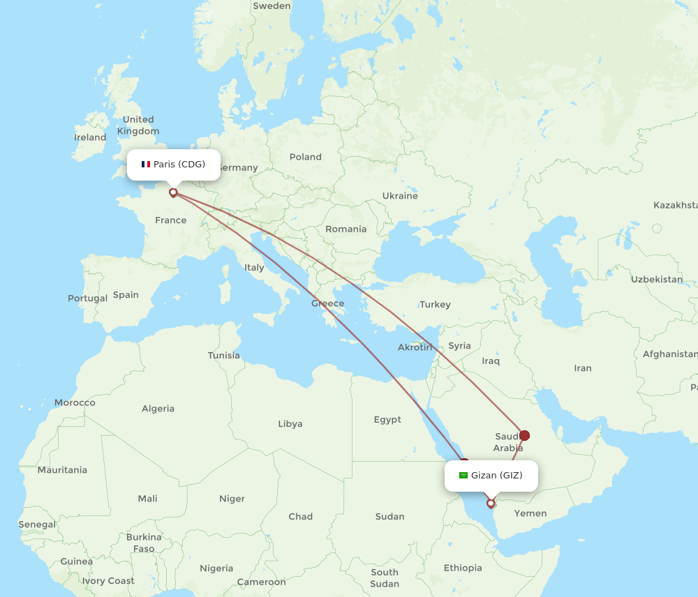 CDG to GIZ flights and routes map