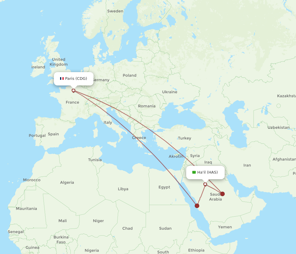 Flights from Paris to Hail CDG to HAS Flight Routes