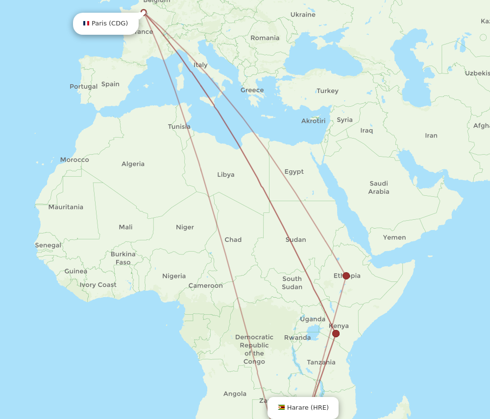 All flight routes from Paris to Harare, CDG to HRE - Flight Routes