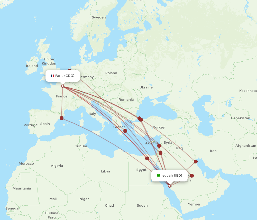 CDG to JED flights and routes map
