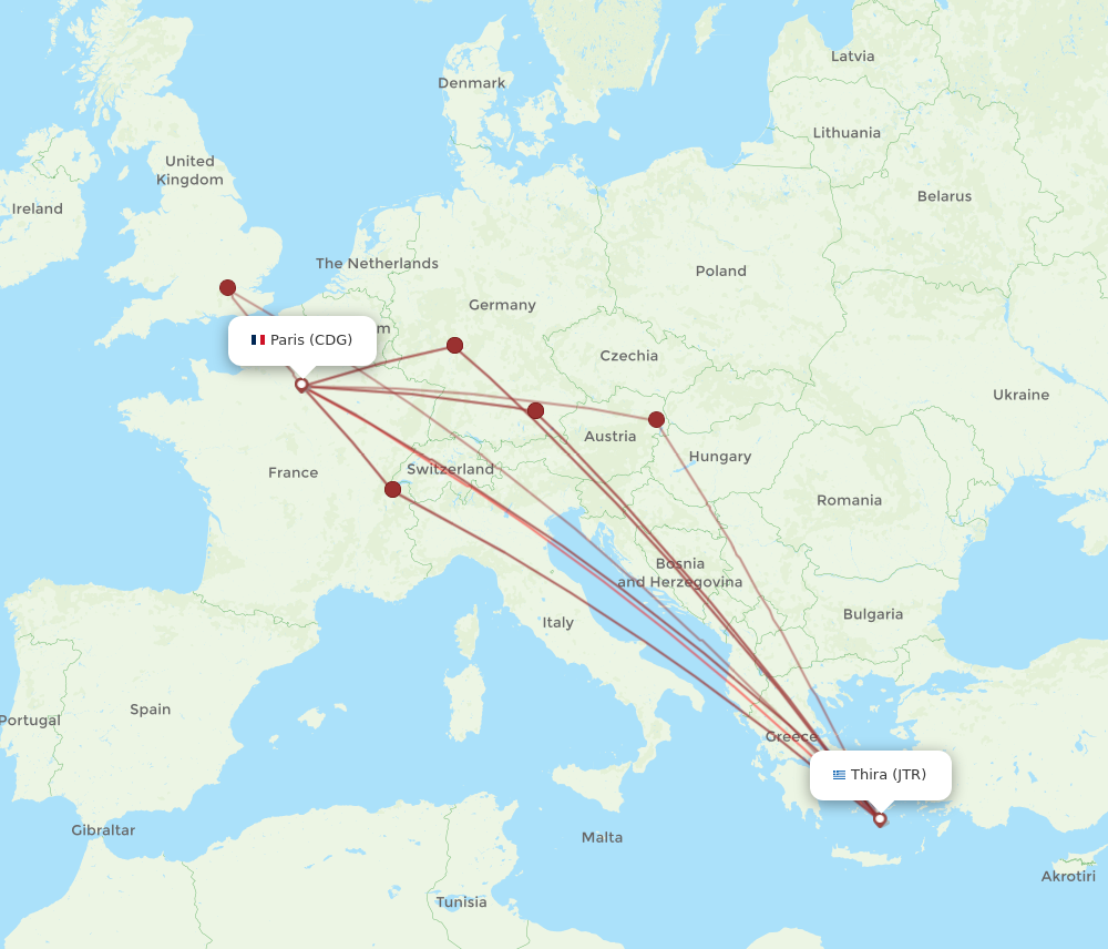 Flights from Paris to Thira CDG to JTR Flight Routes