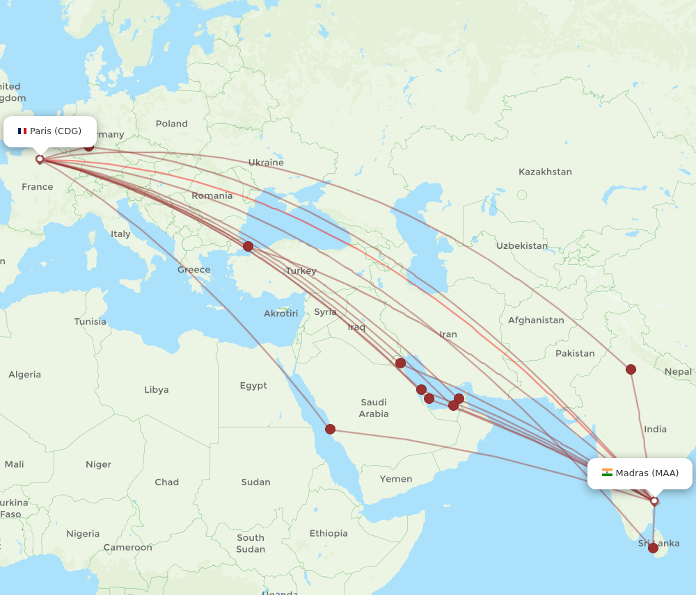 All flight routes from Paris to Chennai, CDG to MAA - Flight Routes