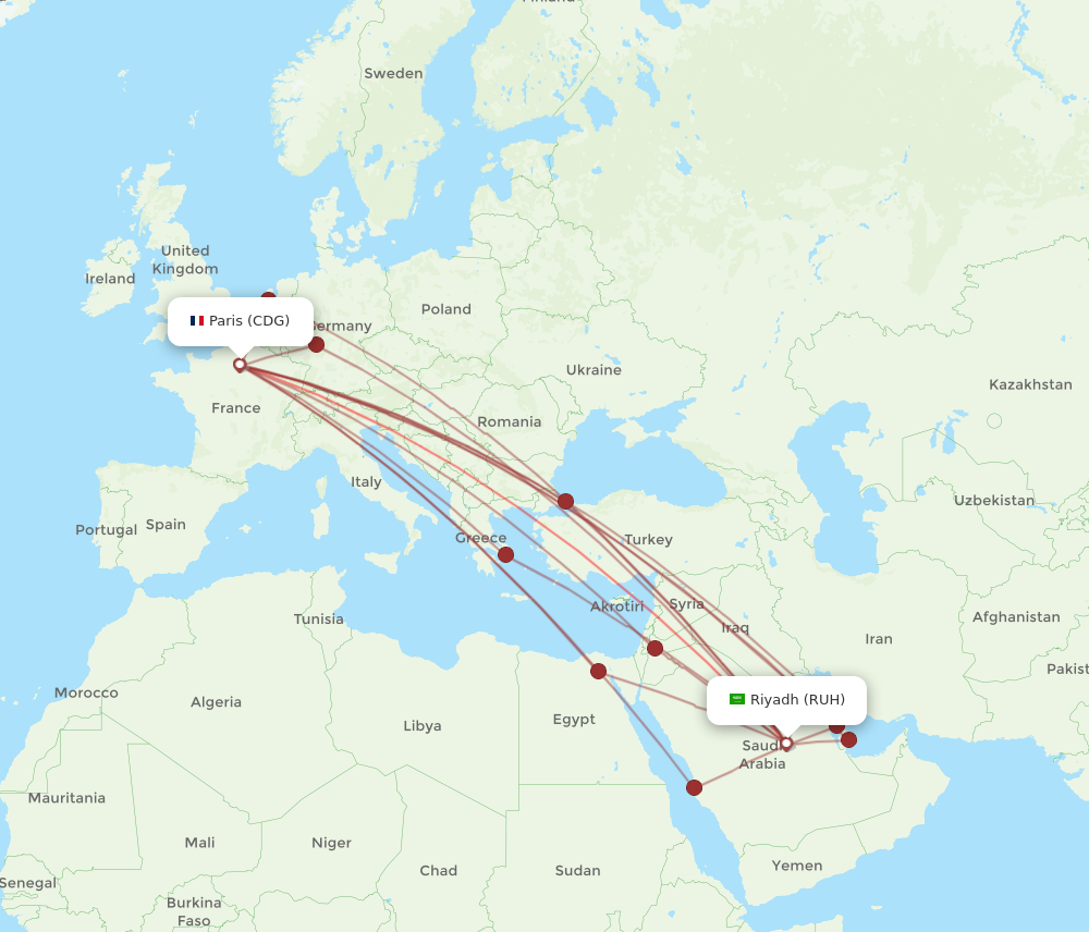 CDG to RUH flights and routes map