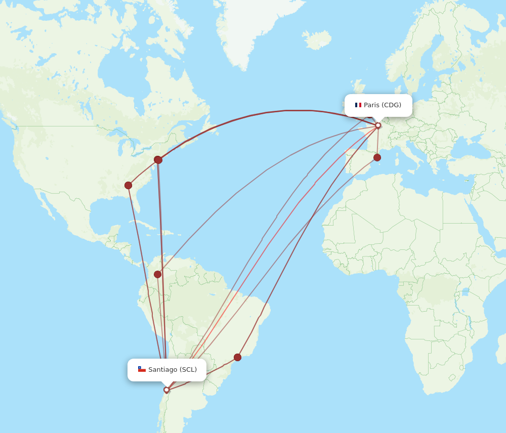 All flight routes from Paris to Santiago, CDG to SCL - Flight Routes