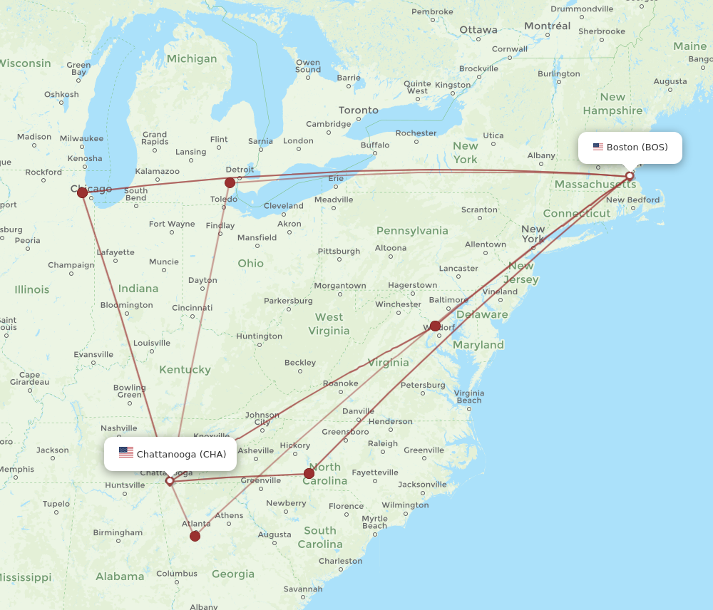 Flights from Chattanooga to Boston CHA to BOS Flight Routes