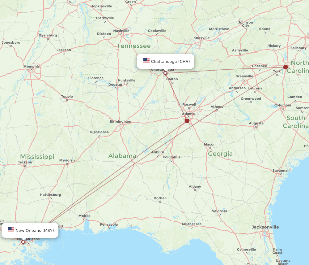 Flights from Chattanooga to New Orleans CHA to MSY Flight Routes