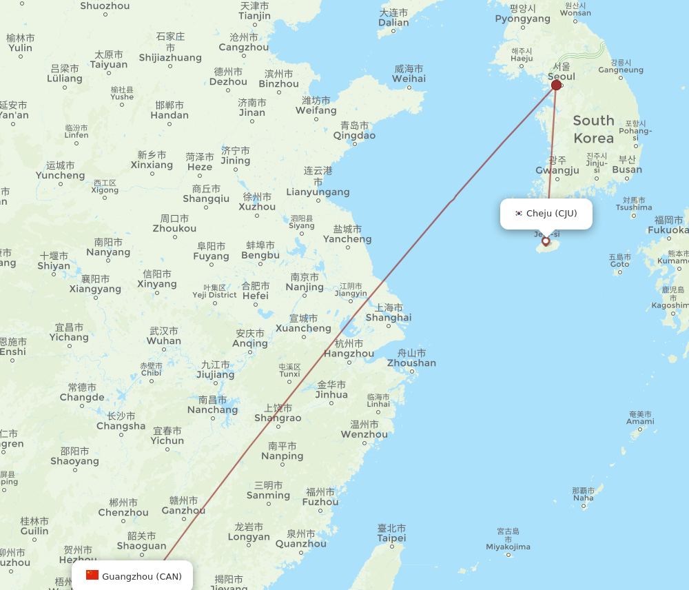 CJU to CAN flights and routes map