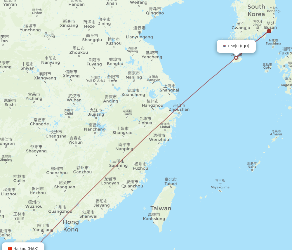 CJU to HAK flights and routes map