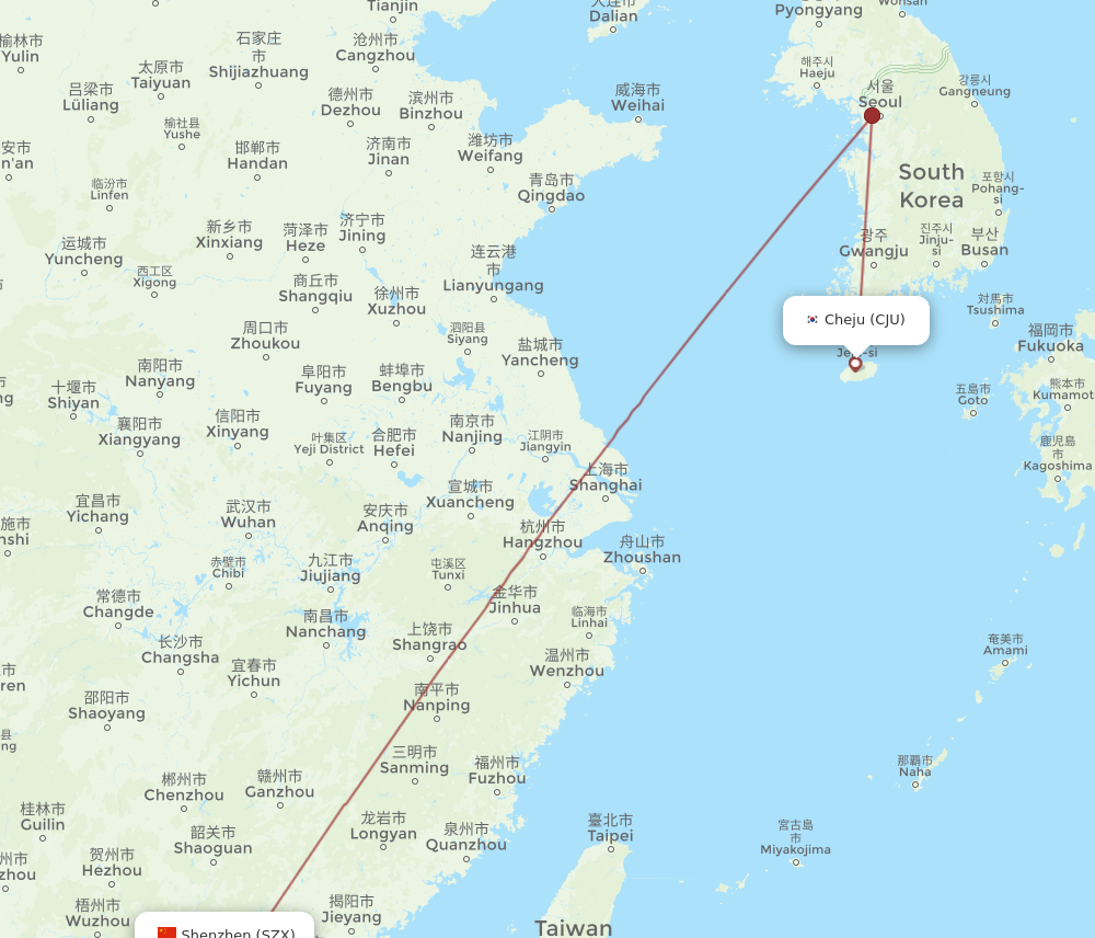 CJU to SZX flights and routes map
