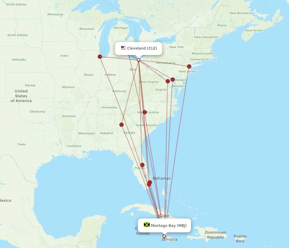 All flight routes from Cleveland to Montego Bay, CLE to MBJ - Flight Routes