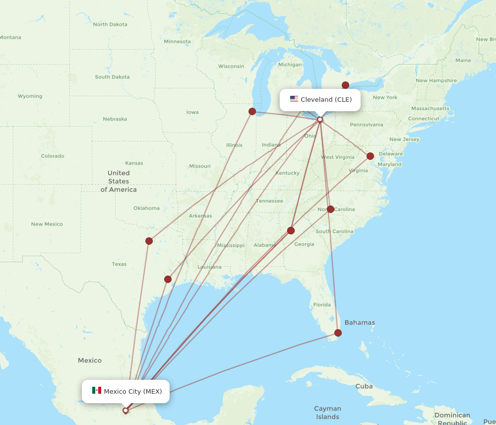 All flight routes from Cleveland to Mexico City, CLE to MEX - Flight Routes