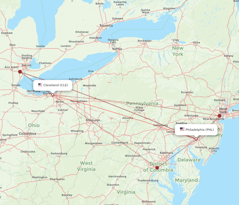 Flights from Cleveland to Philadelphia CLE to PHL Flight Routes