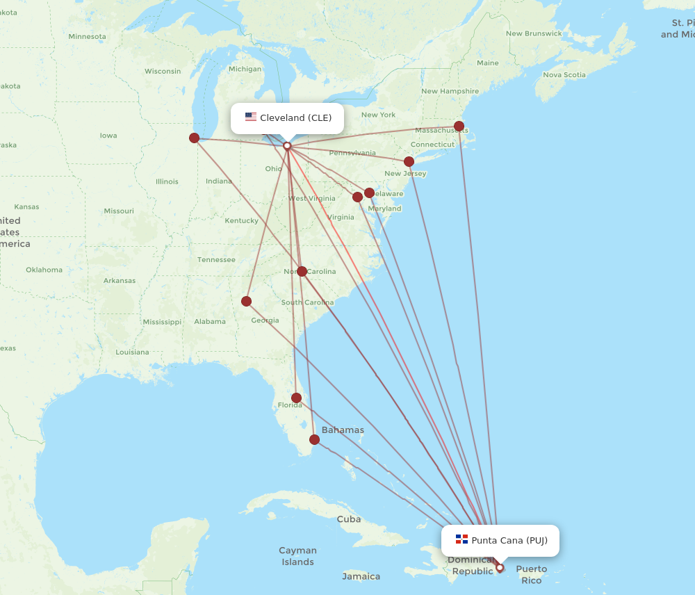 All flight routes from Cleveland to Punta Cana, CLE to PUJ - Flight Routes