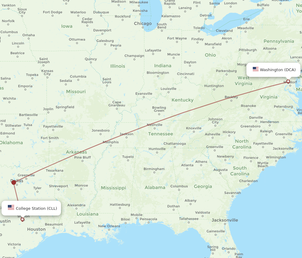 Flights from College Station to Washington CLL to DCA Flight Routes