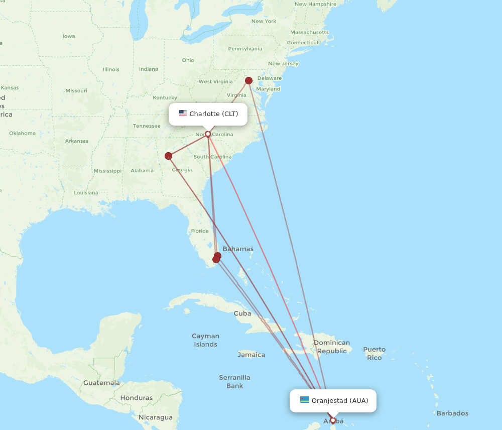 CLT to AUA flights and routes map