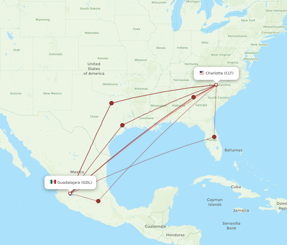 All flight routes from Charlotte to Guadalajara, CLT to GDL - Flight Routes