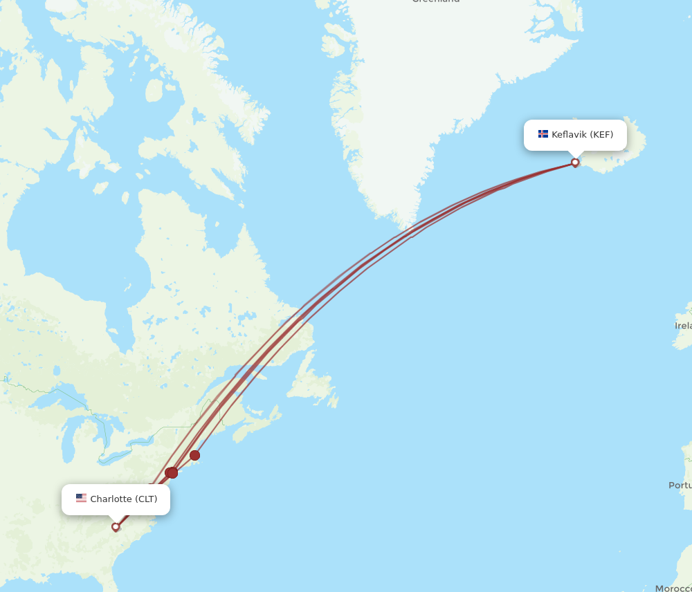 CLT to KEF flights and routes map