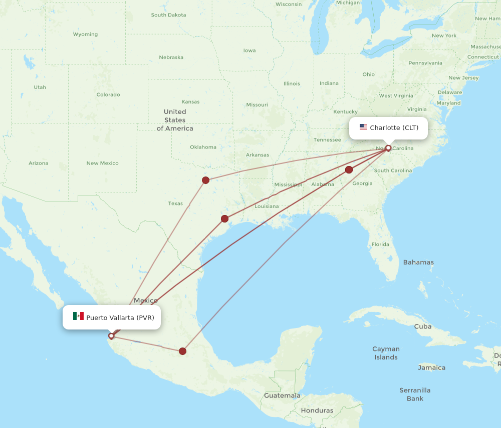 All flight routes from Charlotte to Puerto Vallarta, CLT to PVR ...