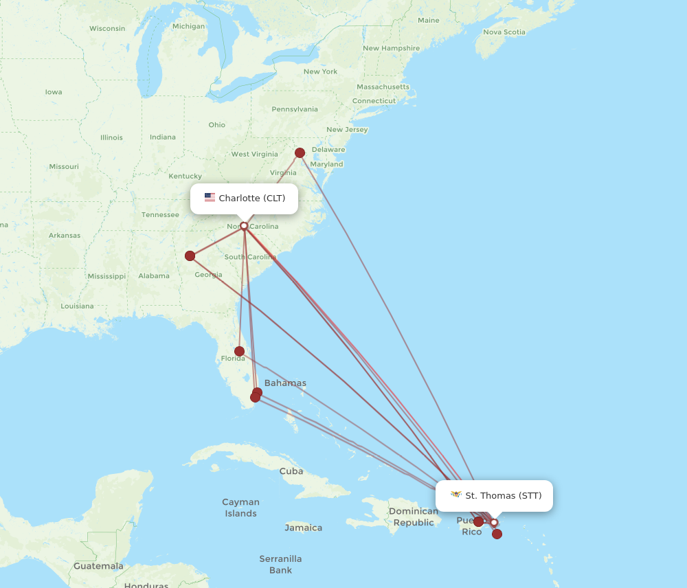 All flight routes from Charlotte to Saint Thomas, CLT to STT - Flight ...