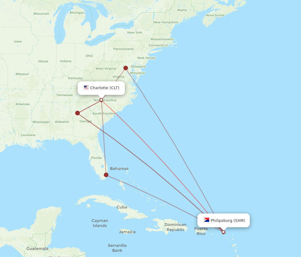 All flight routes from Charlotte to Sint Maarten, CLT to SXM - Flight ...