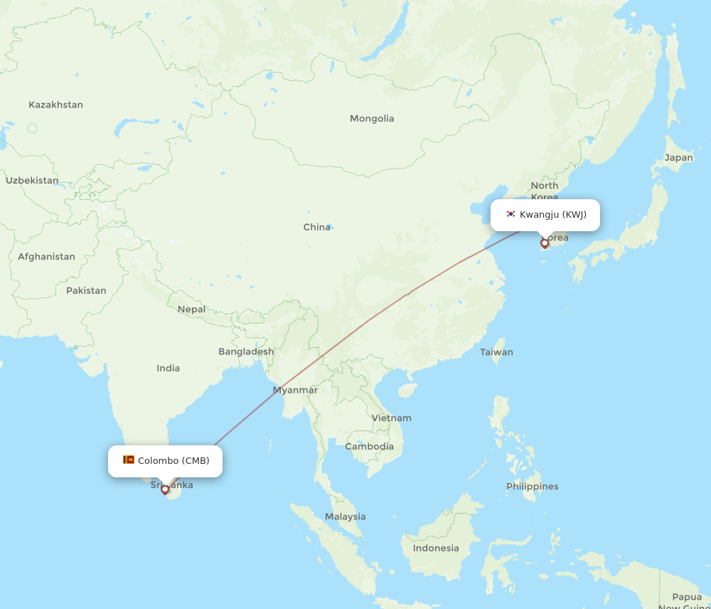 Flights from Colombo to Gwangju CMB to KWJ Flight Routes