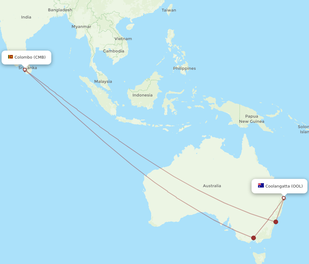 All flight routes from Colombo to Coolangatta (Gold Coast), CMB to OOL ...