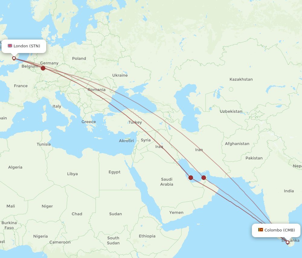 All flight routes from Colombo to London, CMB to STN - Flight Routes