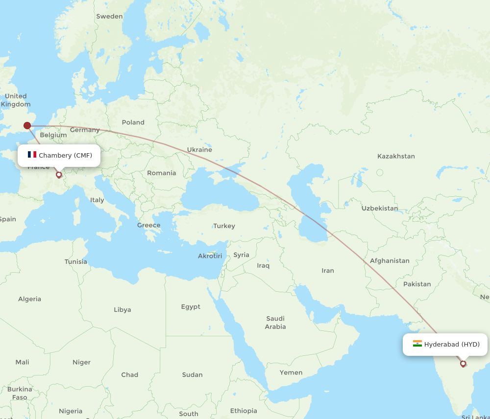 All flight routes from Hyderabad to Chambery, HYD to CMF - Flight Routes