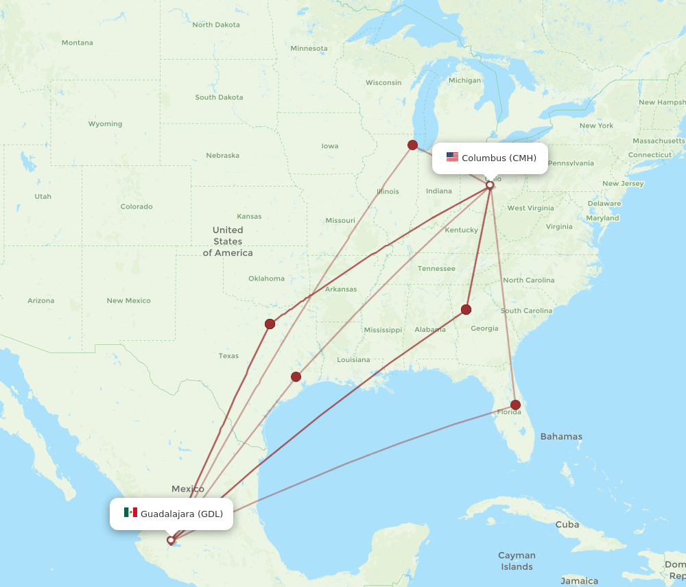 All flight routes from Columbus to Guadalajara, CMH to GDL - Flight Routes