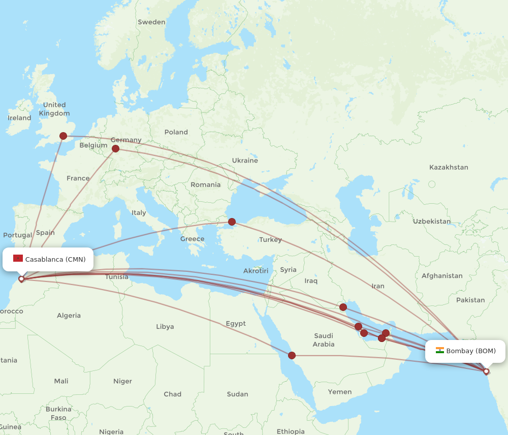 All flight routes from Casablanca to Mumbai, CMN to BOM - Flight Routes