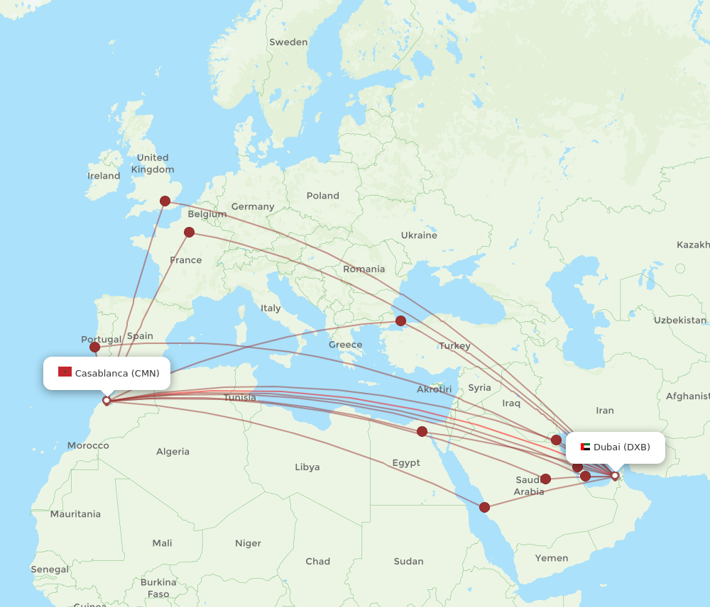 Flights from Casablanca to Dubai, CMN to DXB - Flight Routes