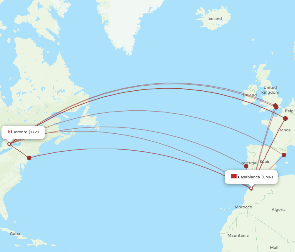 All flight routes from Casablanca to Toronto, CMN to YYZ - Flight Routes