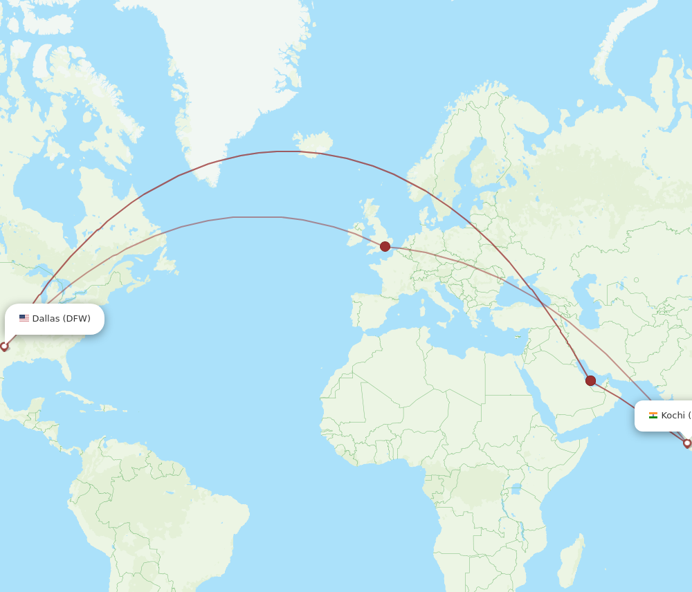 Flights from Kochi to Dallas COK to DFW Flight Routes