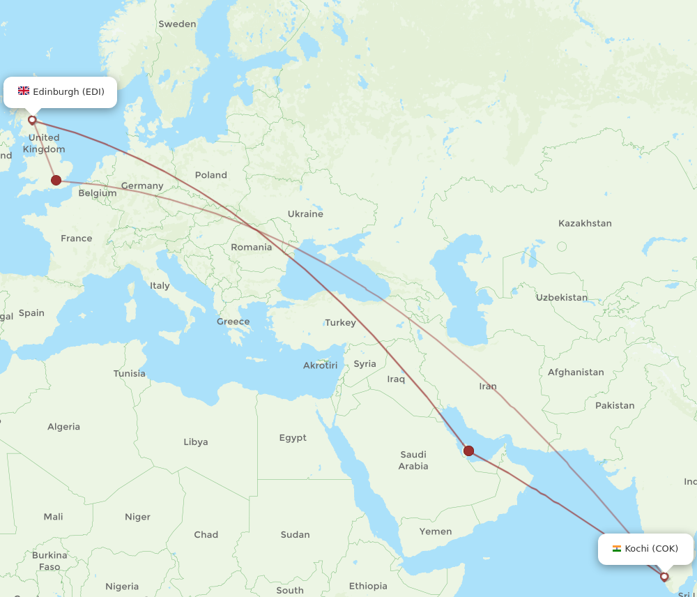 COK to EDI flights and routes map