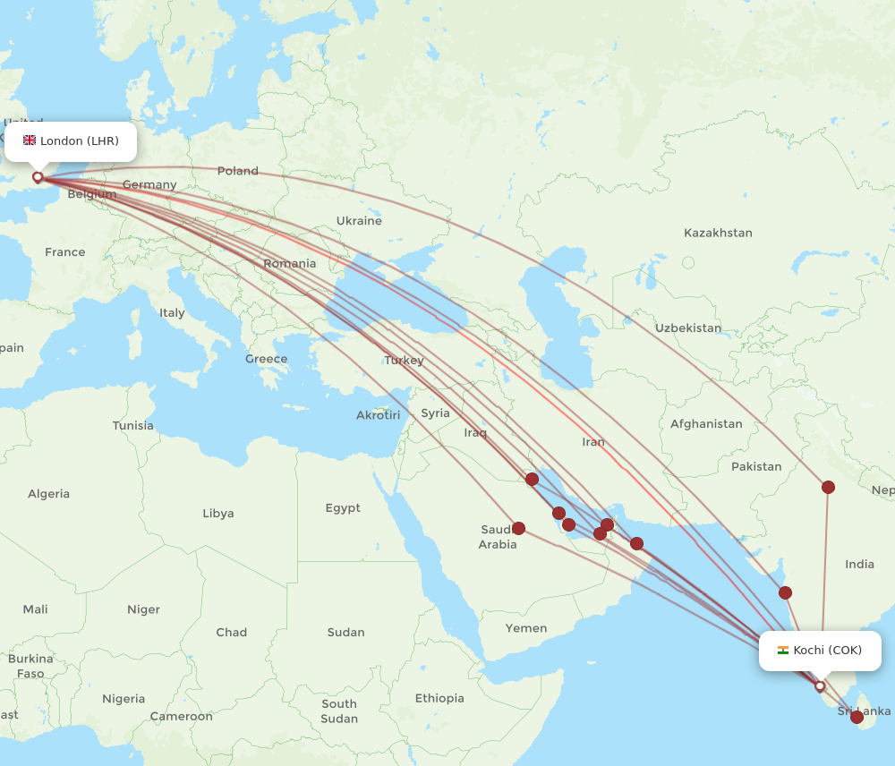 All flight routes from Kochi to London, COK to LHR - Flight Routes