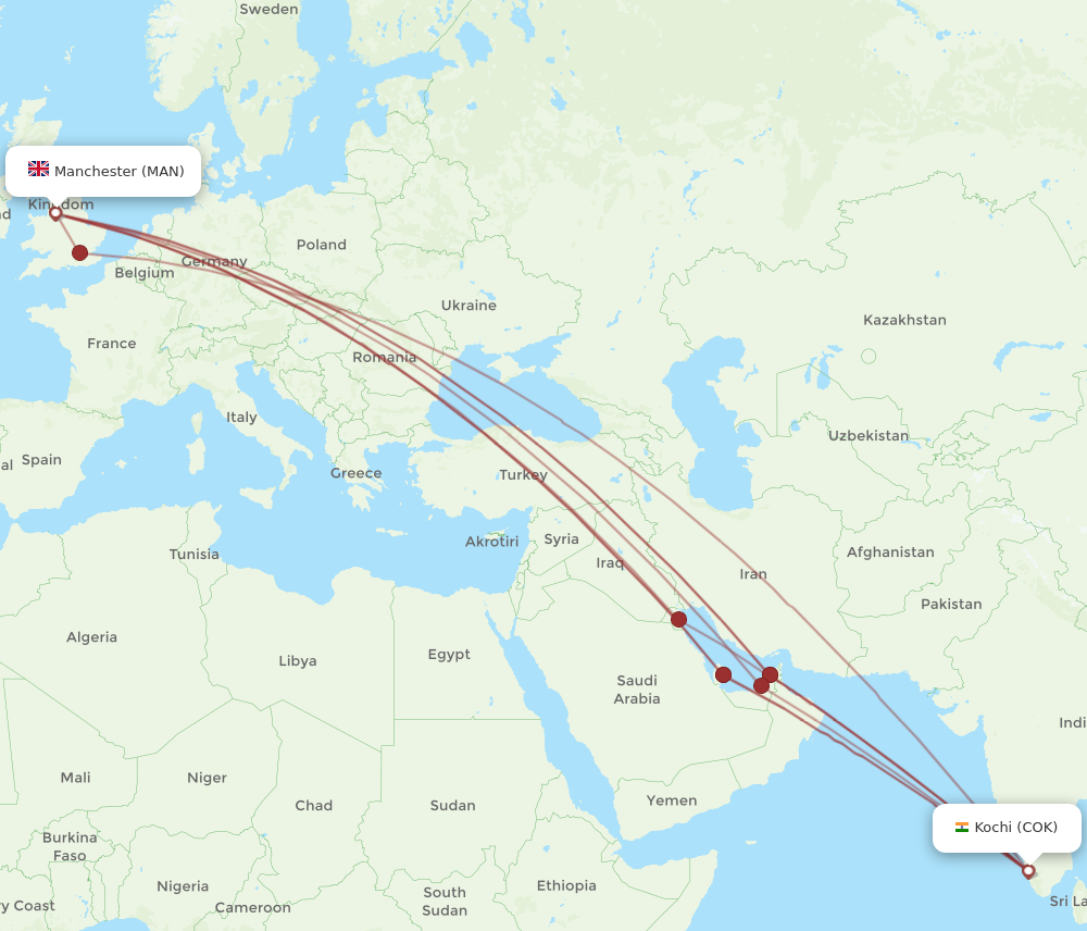 COK to MAN flights and routes map