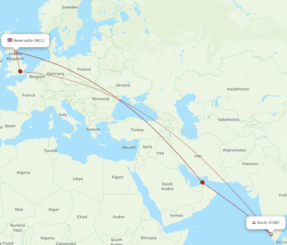 COK to NCL flights and routes map
