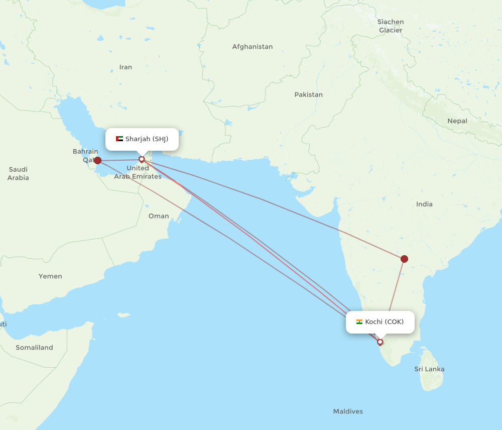 COK to SHJ flights and routes map