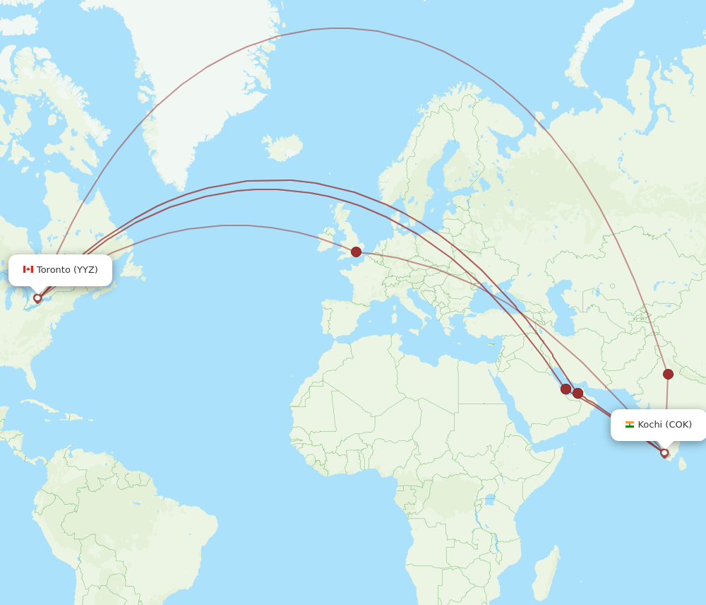 All flight routes from Kochi to Toronto, COK to YYZ - Flight Routes