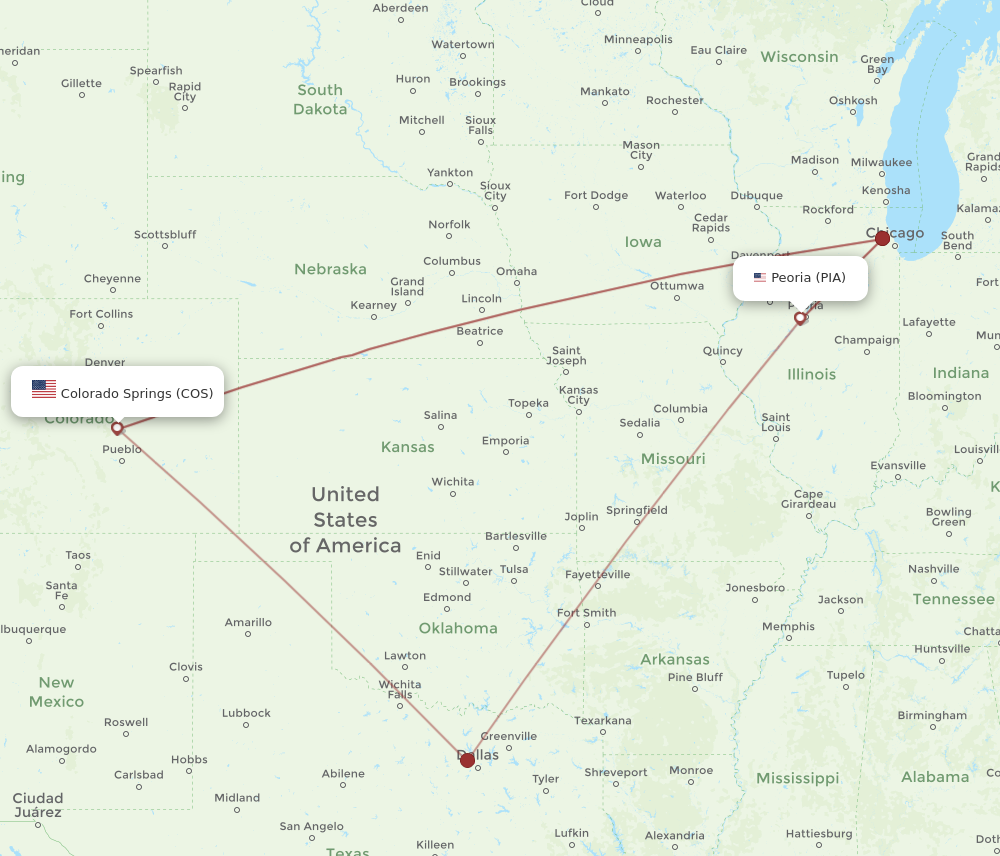 Flights from Colorado Springs to Peoria COS to PIA Flight Routes